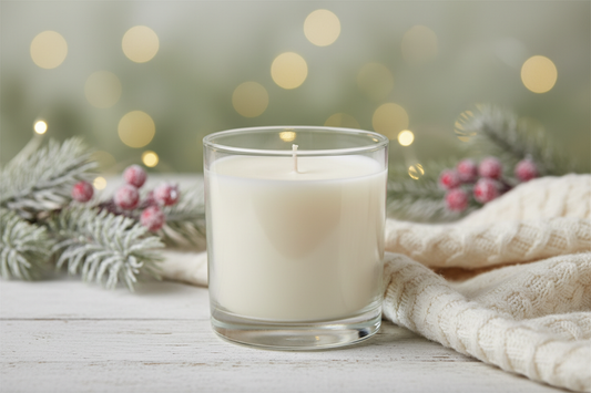 I need a vanilla and pine candle with no label with a subtle christmas themed background